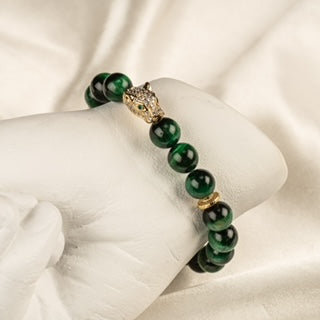 Gold Panther with Green Eyes and Green Tiger Eye Beads