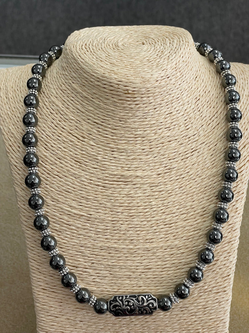 Hematite with brocade center stone- Necklace