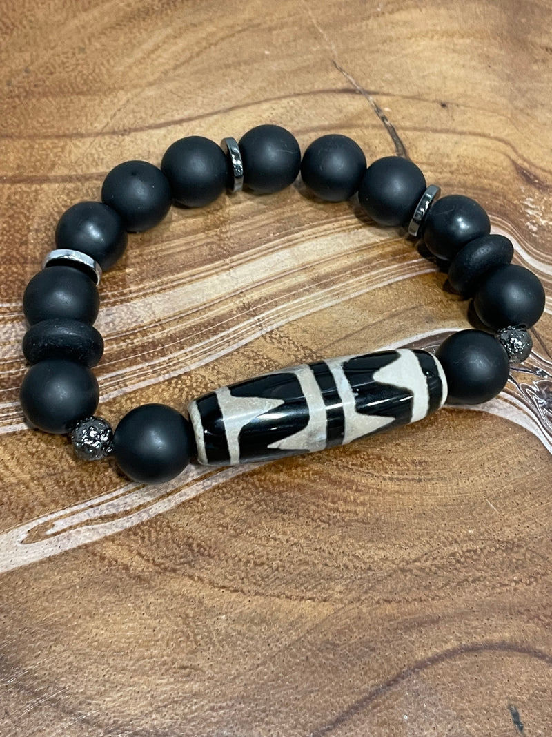 Black and Light Tan with Center Agate Stone and Gunmetal accents