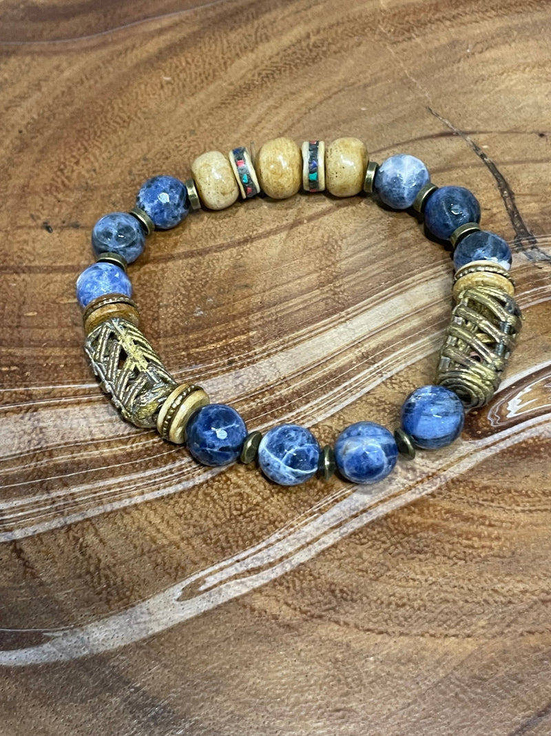 Blue Sodalite with wood accents Bracelet-Unisex