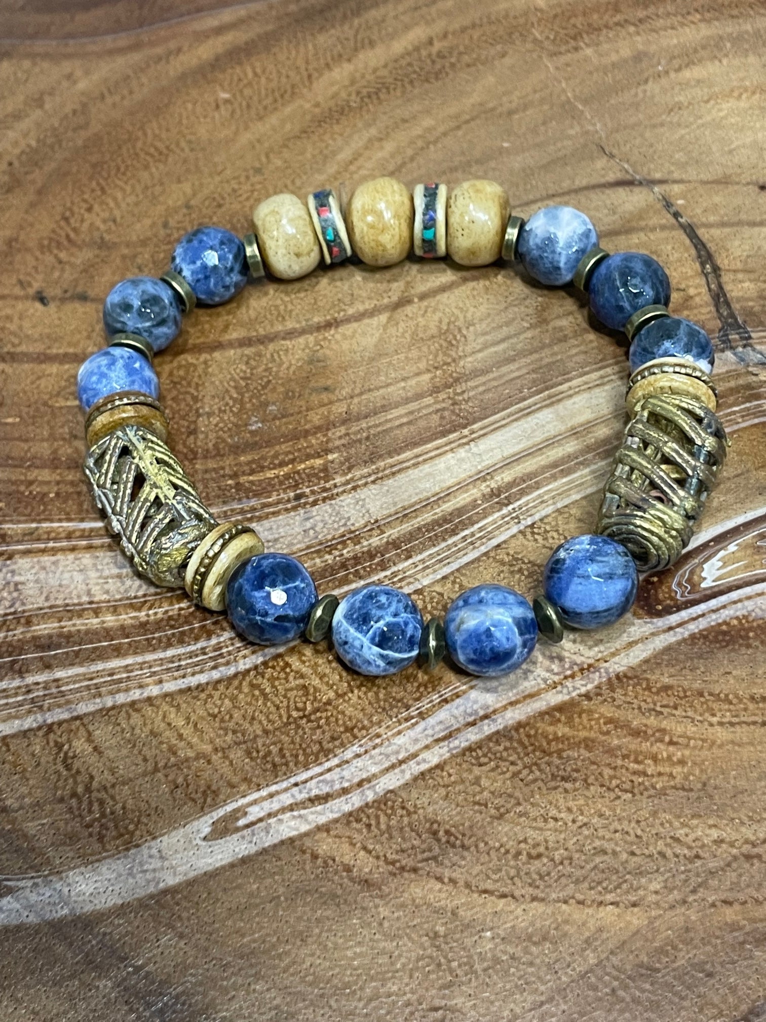 Blue Sodalite with wood accents Bracelet-Unisex